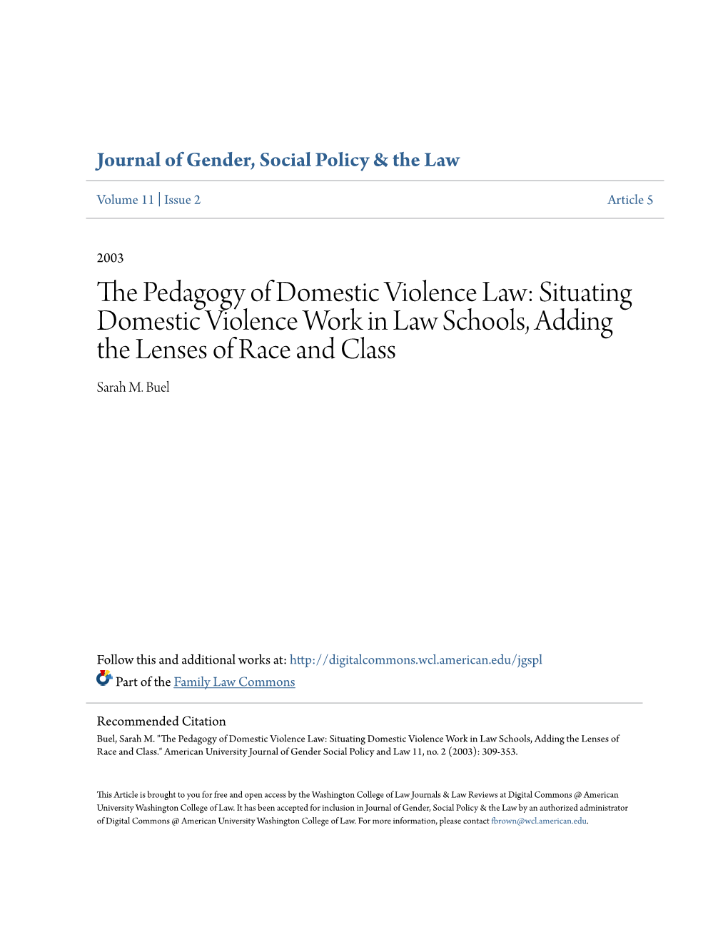 Situating Domestic Violence Work in Law Schools, Adding the Lenses of Race and Class Sarah M