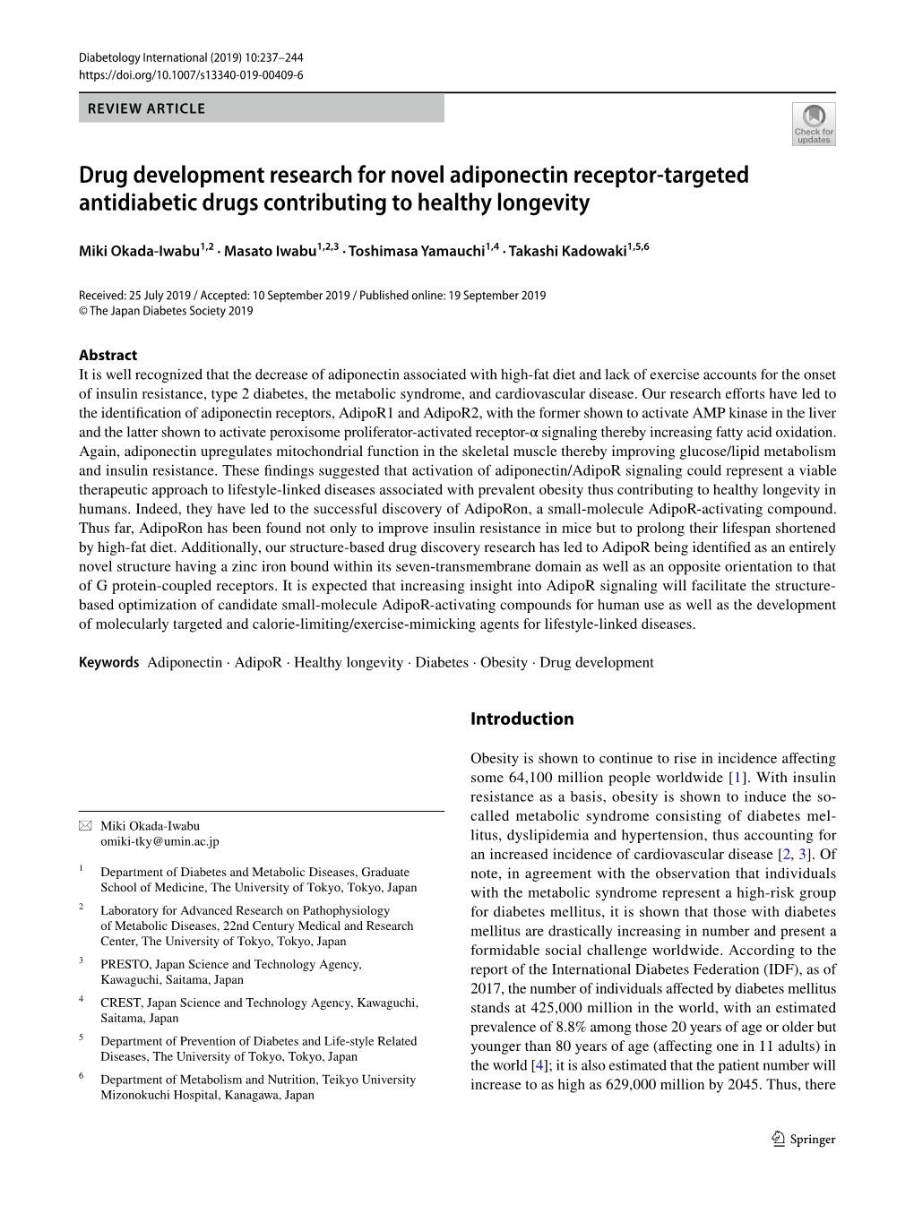 Drug Development Research for Novel Adiponectin Receptor-Targeted