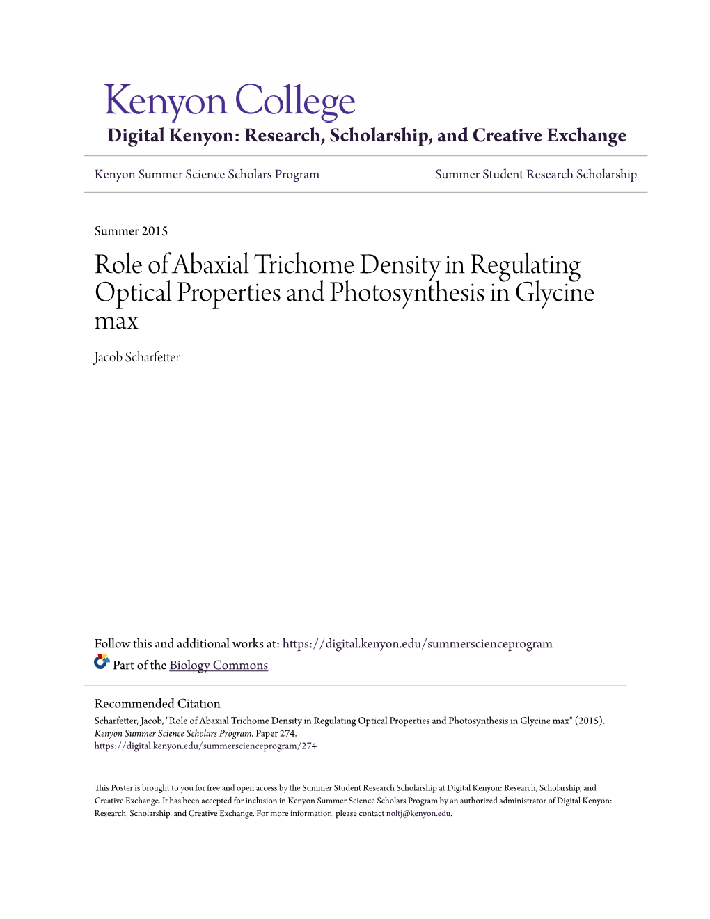 Role of Abaxial Trichome Density in Regulating Optical Properties and Photosynthesis in Glycine Max Jacob Scharfetter