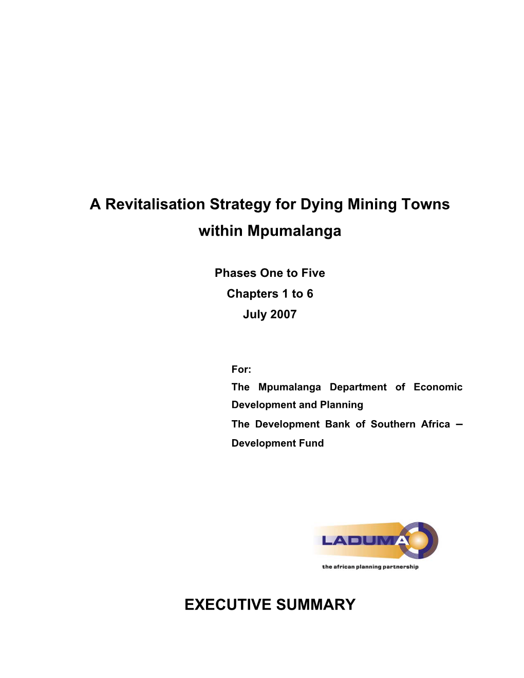A Revitalisation Strategy for Dying Mining Towns Within Mpumalanga