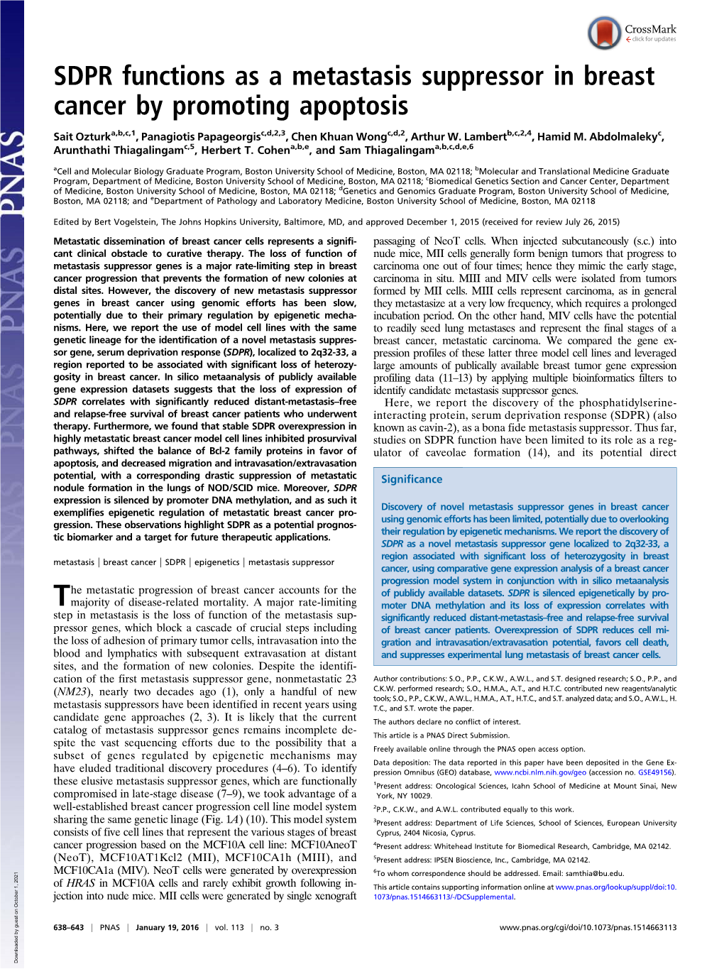 SDPR Functions As a Metastasis Suppressor in Breast Cancer by Promoting Apoptosis