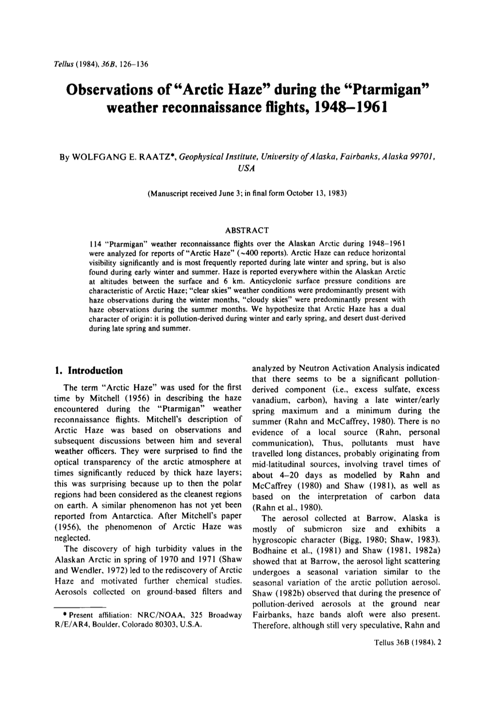 Arctic Haze” During the “Ptarmigan” Weather Reconnaissance Flights, 1948- 196 1