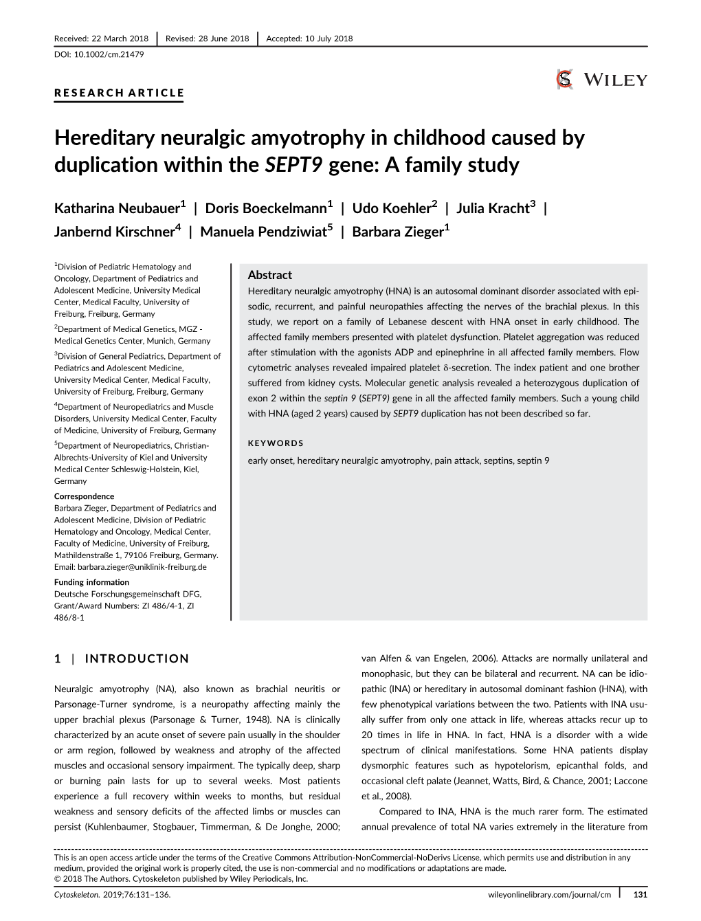 Hereditary Neuralgic Amyotrophy in Childhood Caused by Duplication Within the SEPT9 Gene: a Family Study