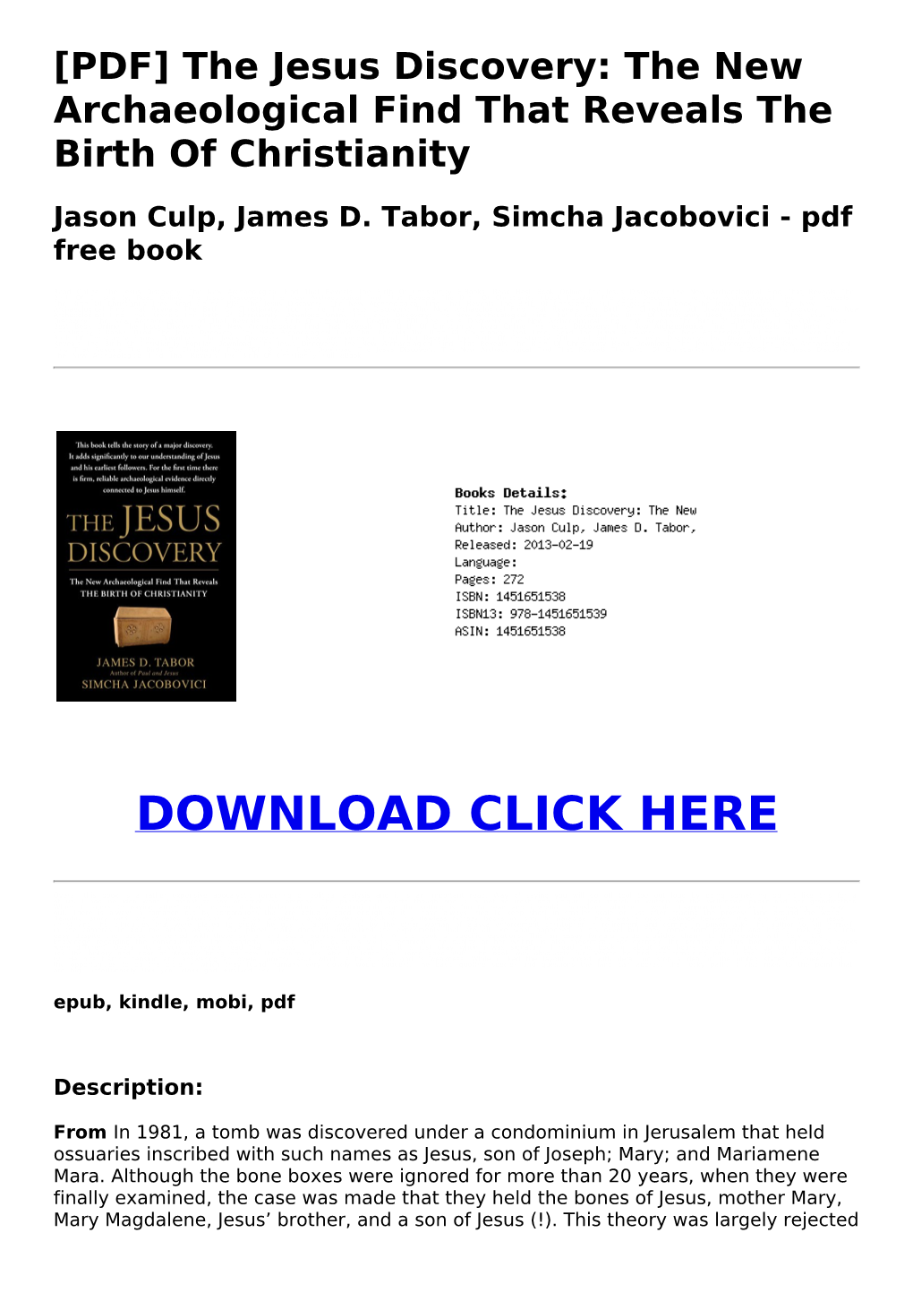 70028D8 [PDF] the Jesus Discovery: the New Archaeological Find That