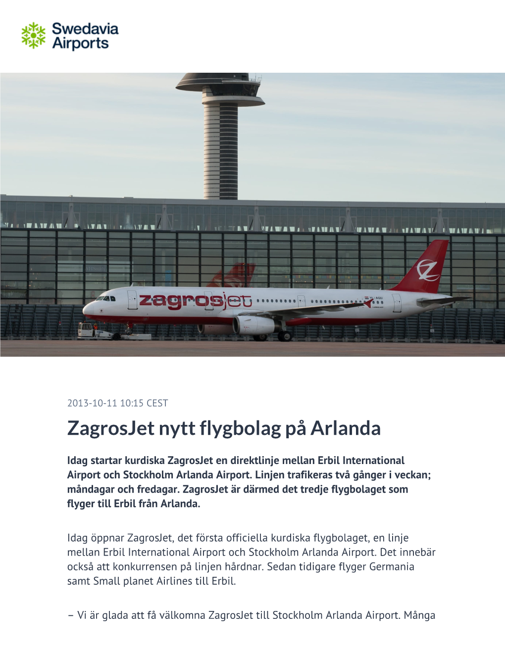 Zagrosjet Nytt Flygbolag På Arlanda