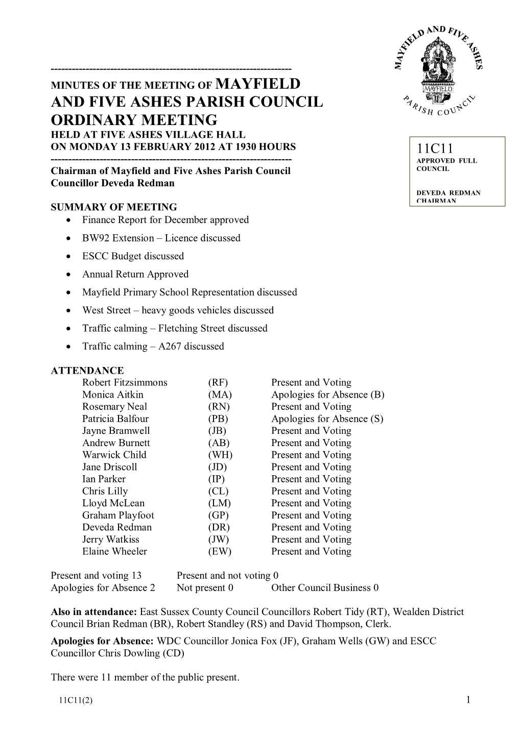 And Five Ashes Parish Council Ordinary Meeting