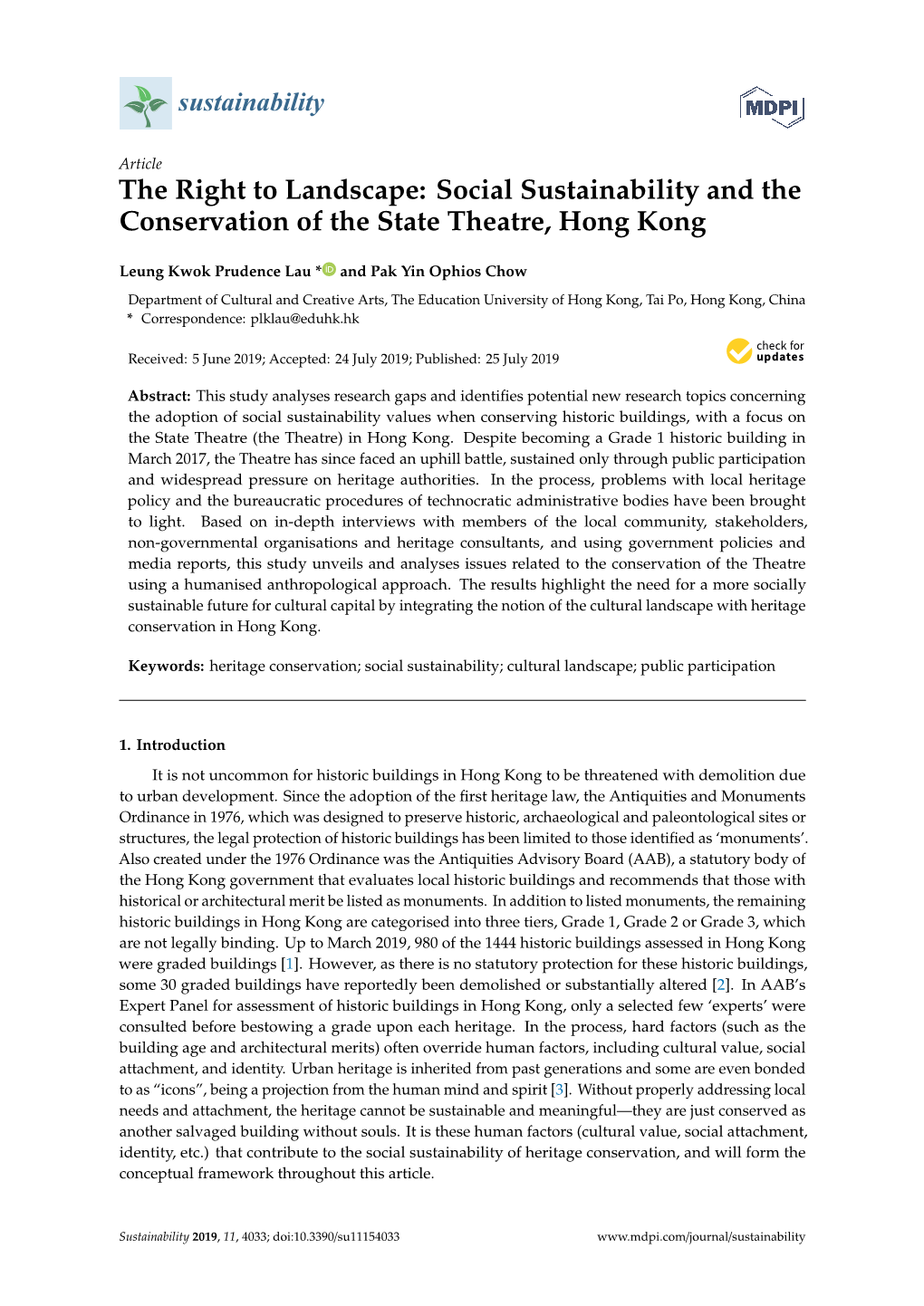 Social Sustainability and the Conservation of the State Theatre, Hong Kong