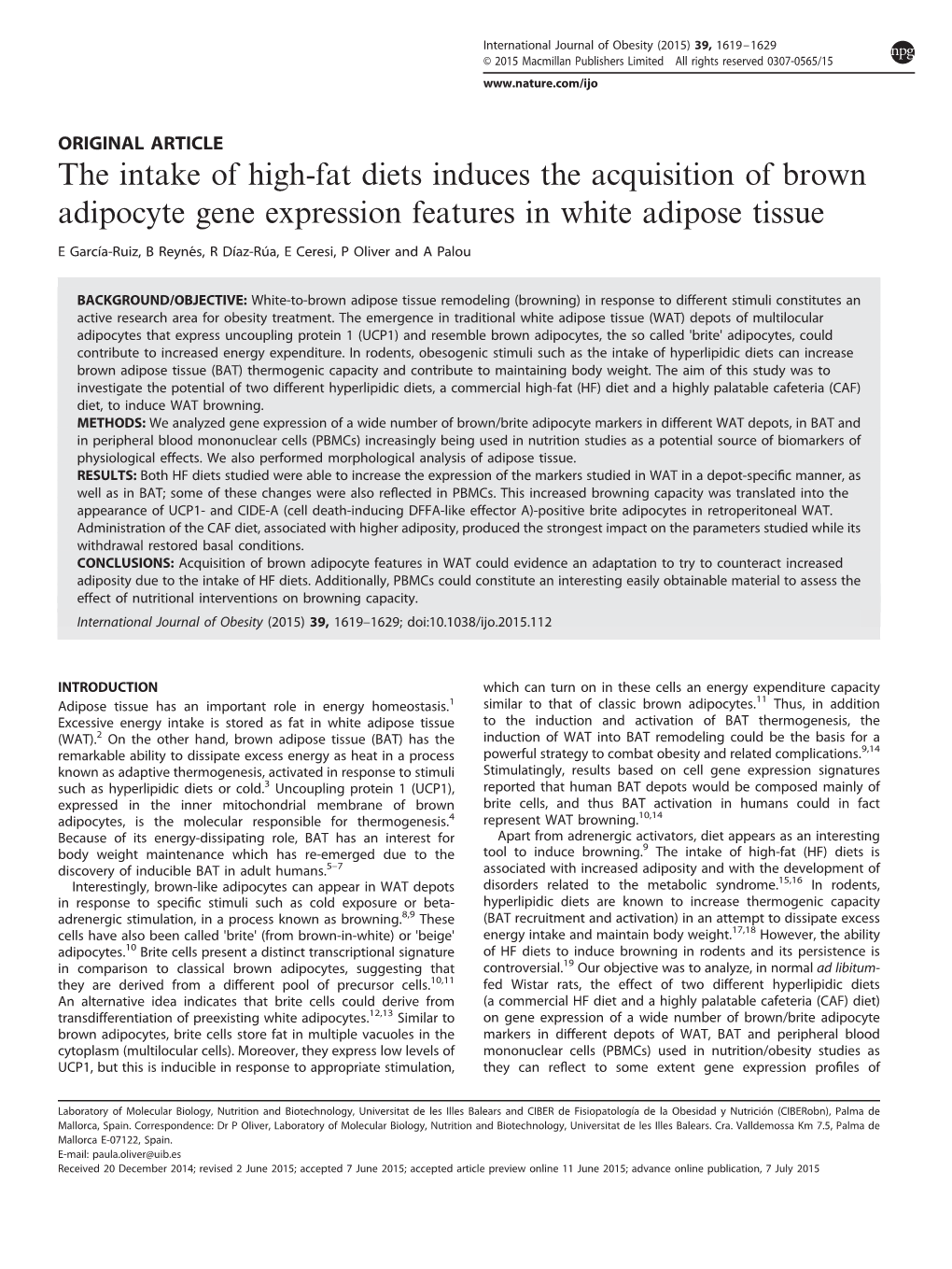 The Intake of High-Fat Diets Induces the Acquisition of Brown Adipocyte Gene Expression Features in White Adipose Tissue