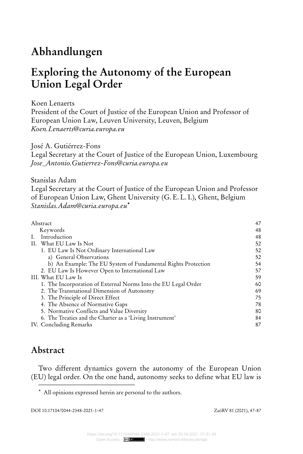 Abhandlungen Exploring the Autonomy of the European Union Legal Order