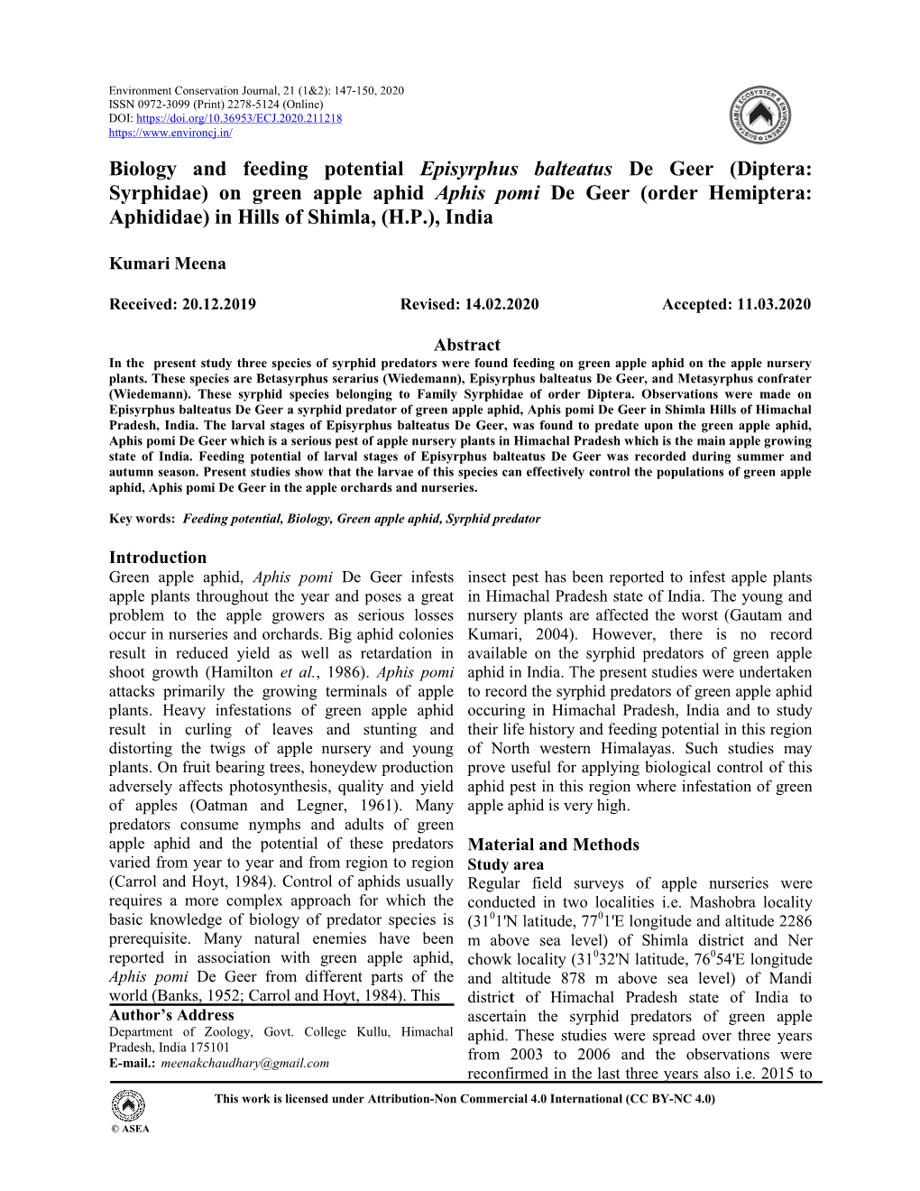 Biology and Feeding Potential Episyrphus Balteatus De Geer