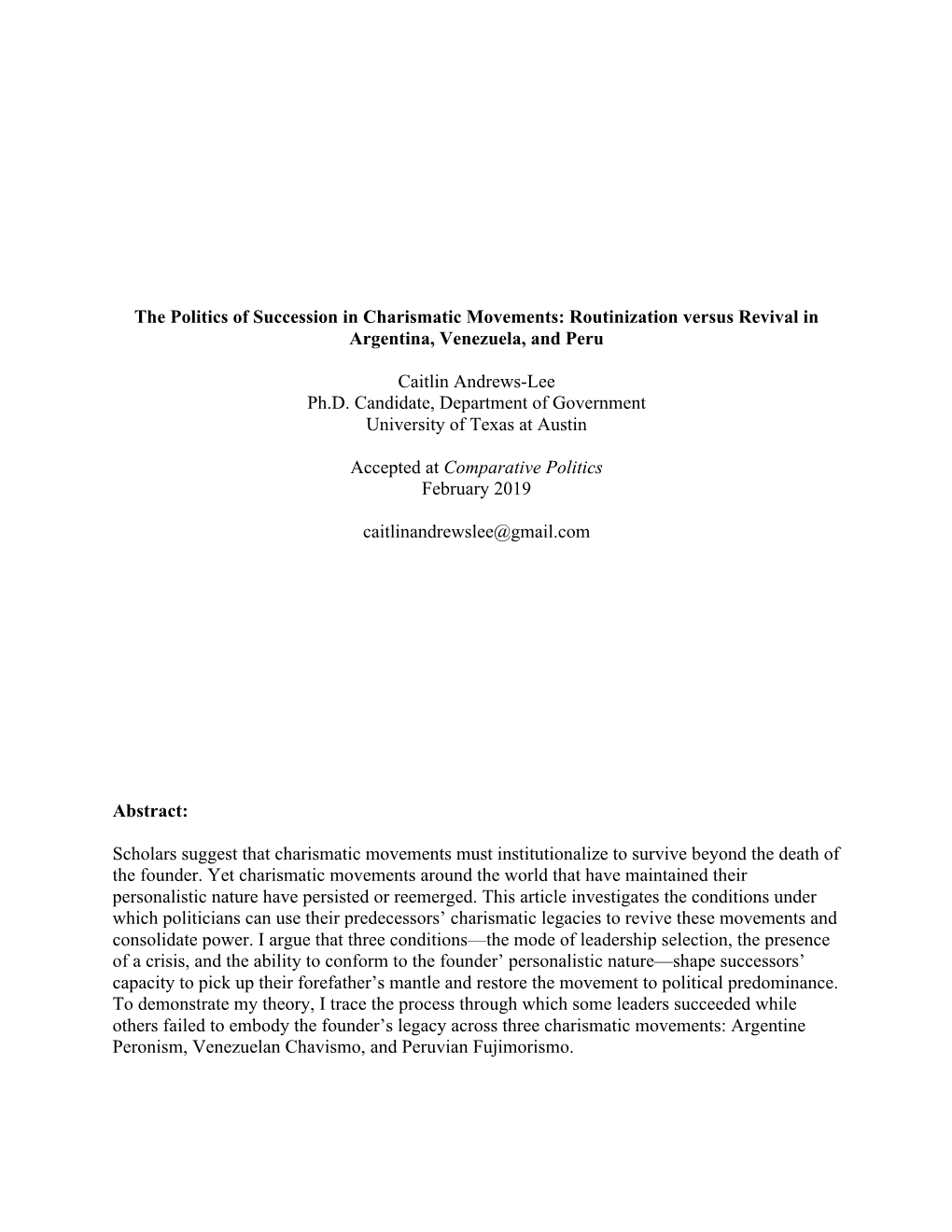The Politics of Succession in Charismatic Movements: Routinization Versus Revival in Argentina, Venezuela, and Peru