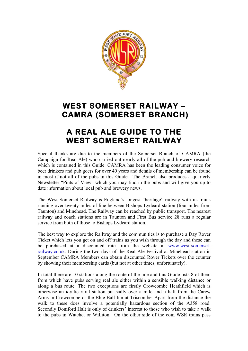 West Somerset Railway – Camra (Somerset Branch) A