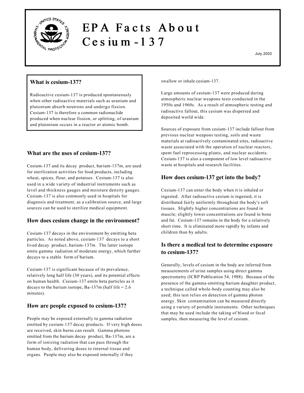 EPA Facts About Cesium-137 July 2002