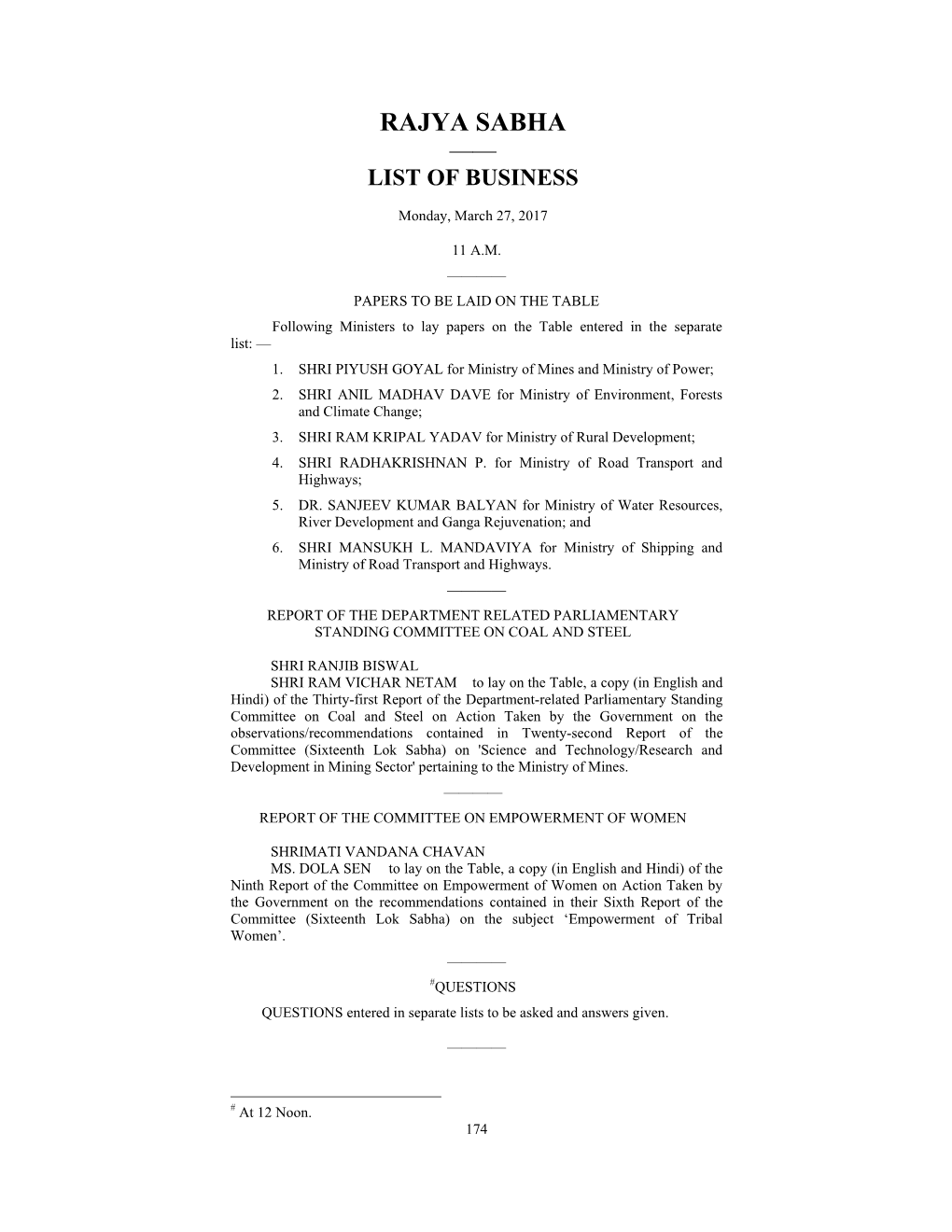 Rajya Sabha —— List of Business