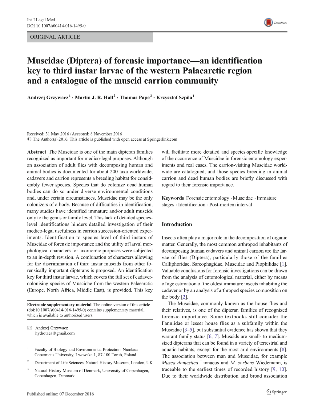 (Diptera) of Forensic Importance—An Identification Key to Third Instar Larvae of the Western Palaearctic Region and a Catalogue of the Muscid Carrion Community