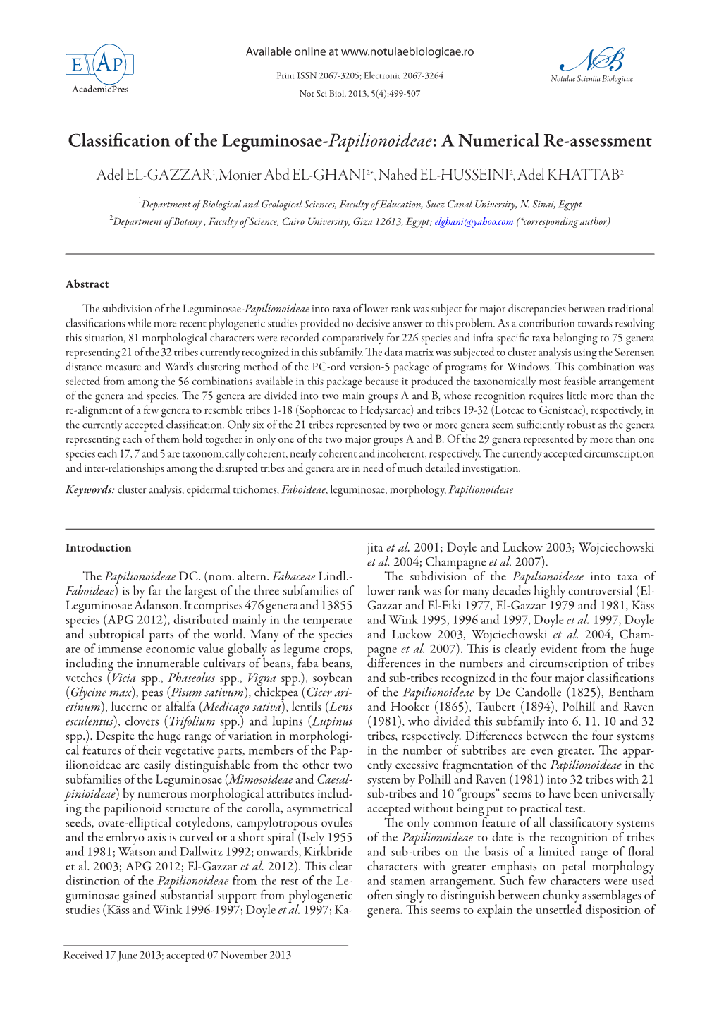 Classification of the Leguminosae-Papilionoideae: a Numerical Re-Assessment