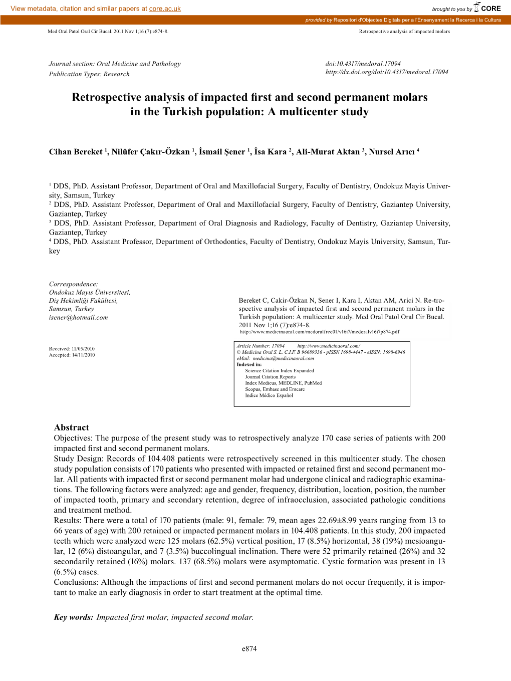 Retrospective Analysis of Impacted First and Second Permanent Molars in the Turkish Population: a Multicenter Study