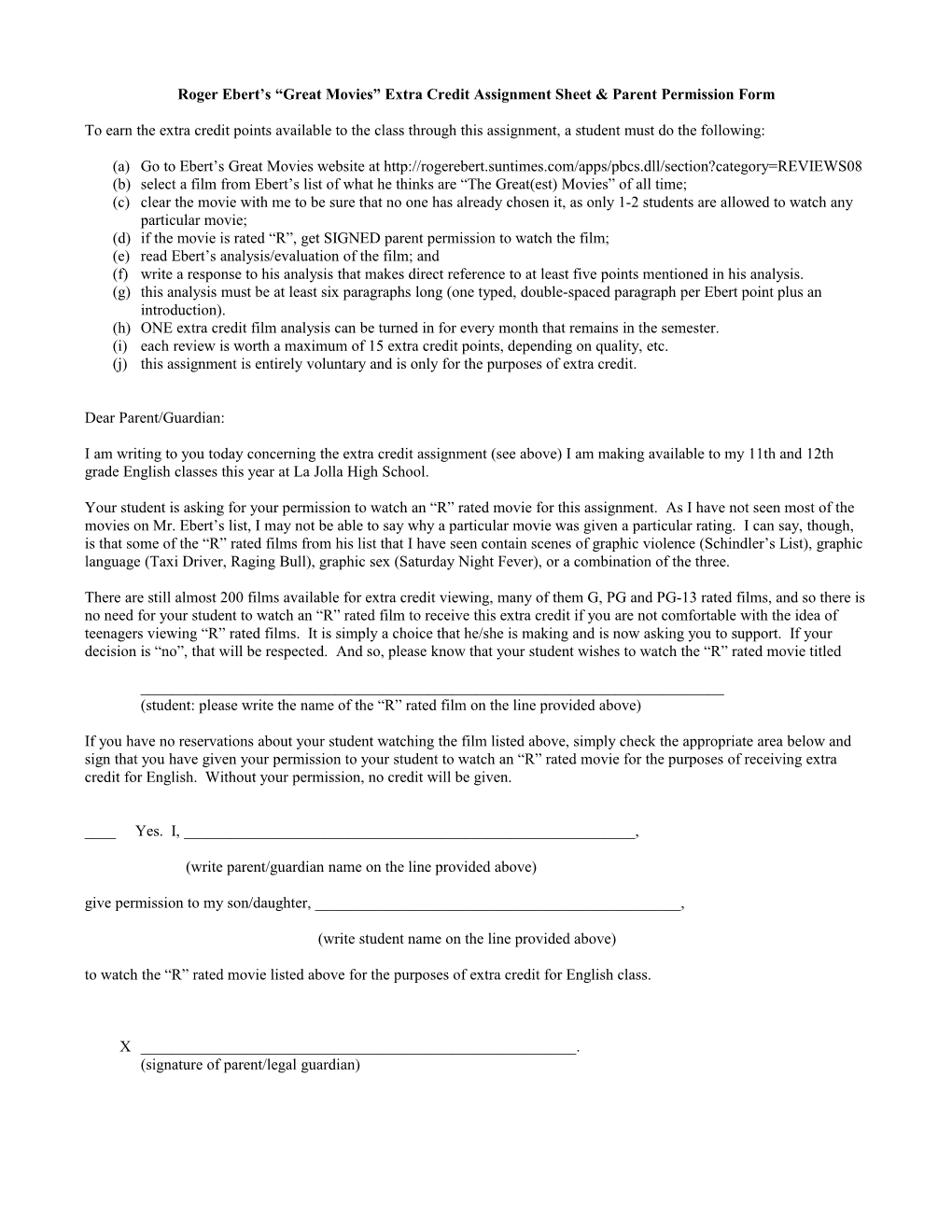 Roger Ebert S Great Movies Extra Credit Assignment Sheet & Parent Permission Form