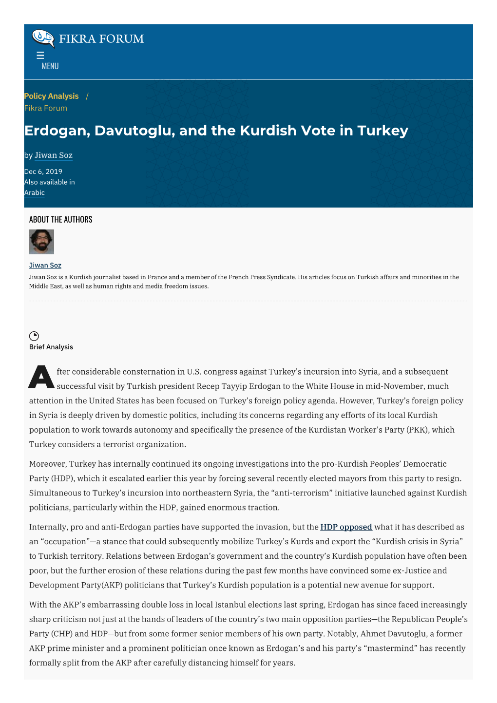 Erdogan, Davutoglu, and the Kurdish Vote in Turkey by Jiwan Soz