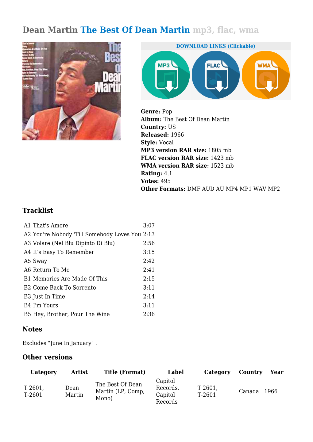 Dean Martin the Best of Dean Martin Mp3, Flac, Wma