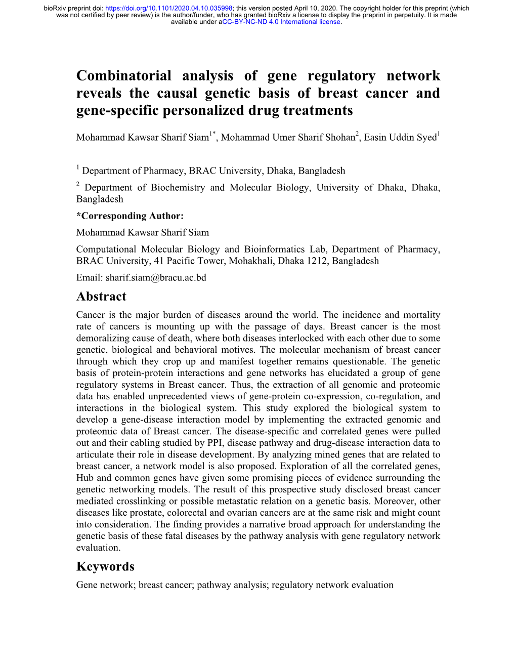 Combinatorial Analysis of Gene Regulatory Network Reveals the Causal Genetic Basis of Breast Cancer and Gene-Specific Personalized Drug Treatments