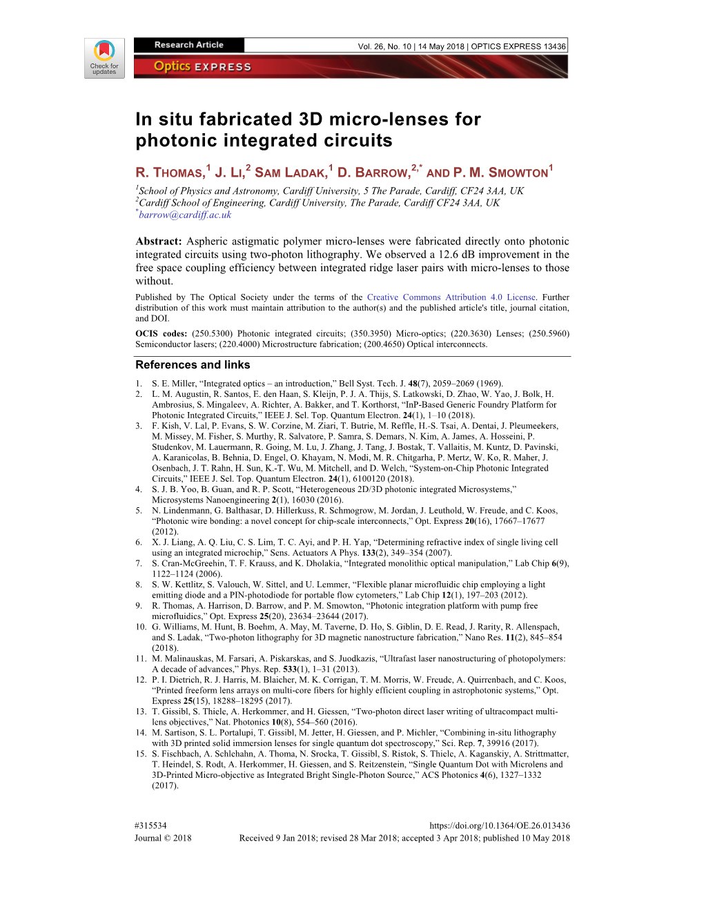 In Situ Fabricated 3D Micro-Lenses for Photonic Integrated Circuits