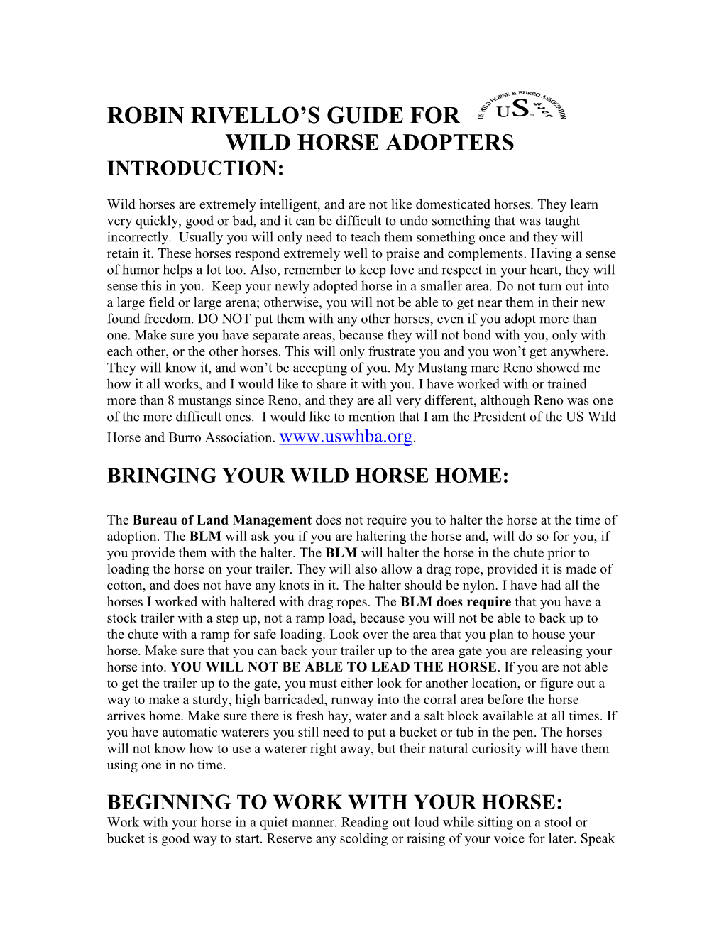 Robin Rivello's Guide for Wild Horse Adopters