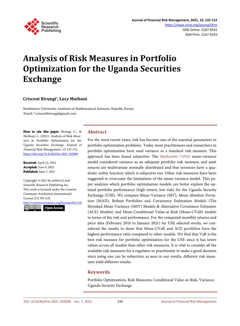 Analysis of Risk Measures in Portfolio Optimization for the Uganda Securities Exchange