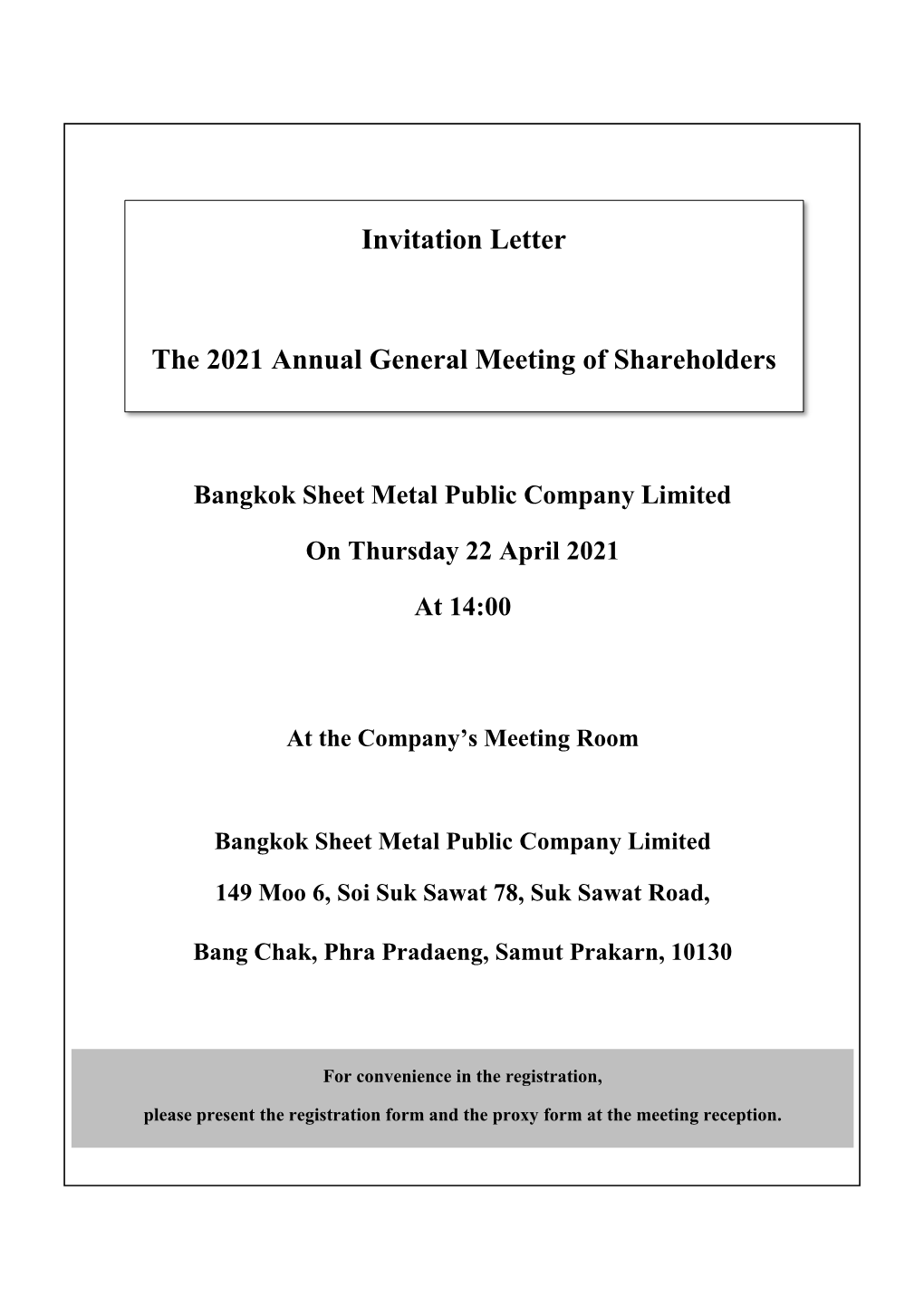 Invitation Letter the 2021 Annual General Meeting of Shareholders