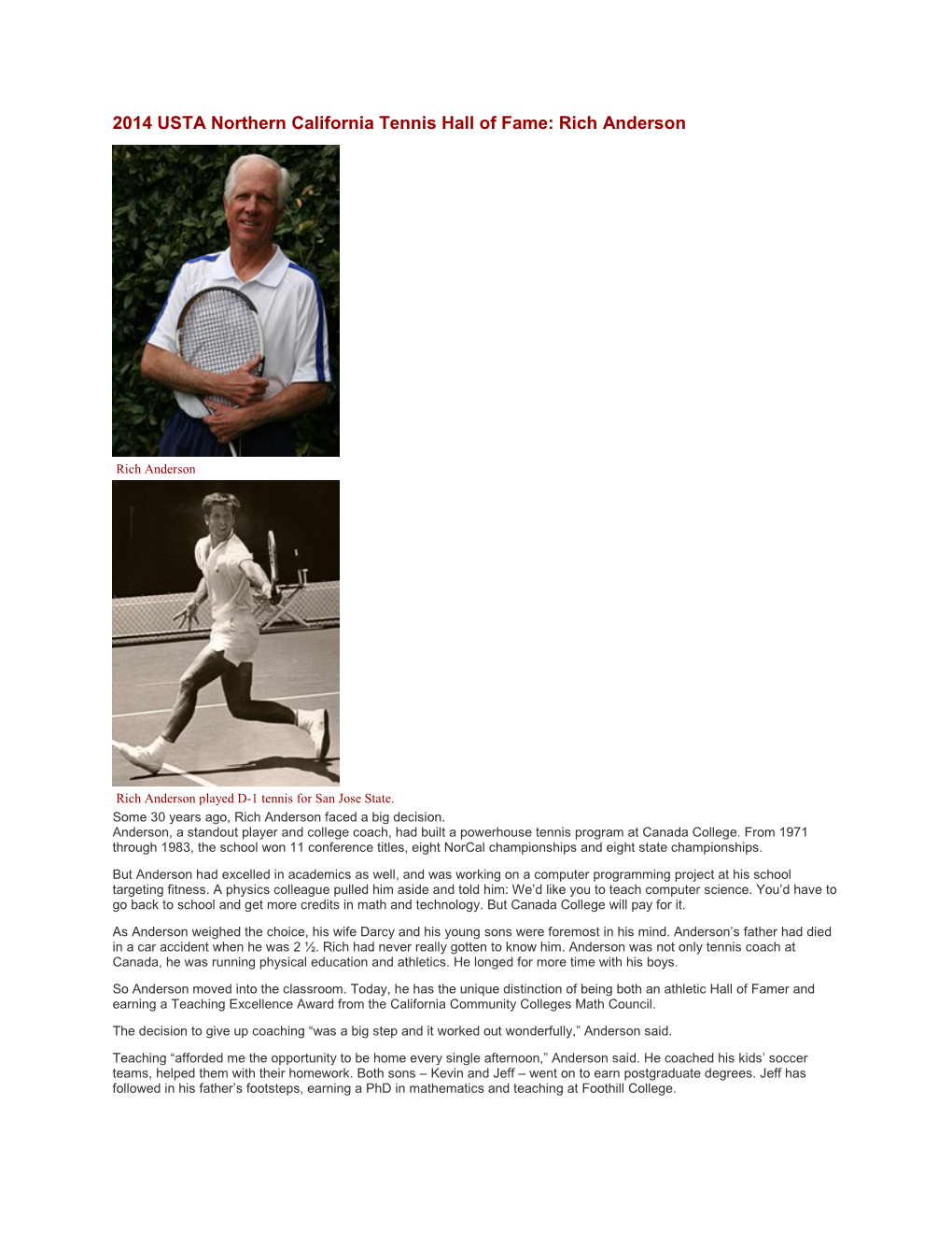 2014 USTA Northern California Tennis Hall of Fame: Rich Anderson