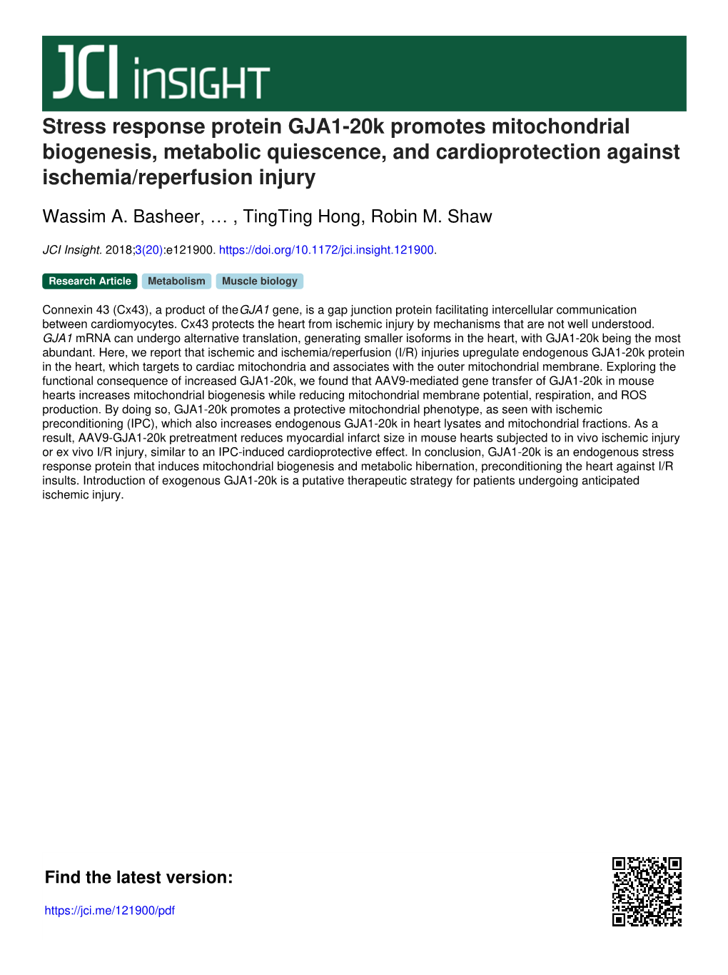 Stress Response Protein GJA1-20K Promotes Mitochondrial Biogenesis, Metabolic Quiescence, and Cardioprotection Against Ischemia/Reperfusion Injury