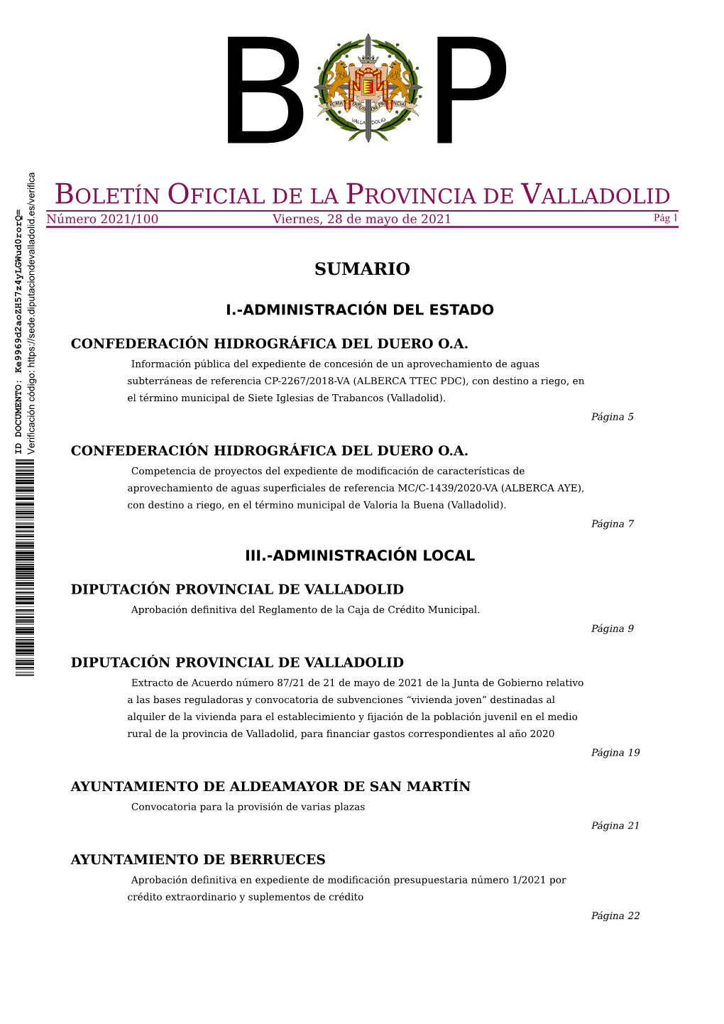 BOLETÍN OFICIAL DE LA PROVINCIA DE VALLADOLID Número 2021/100 Viernes, 28 De Mayo De 2021 Pág 1