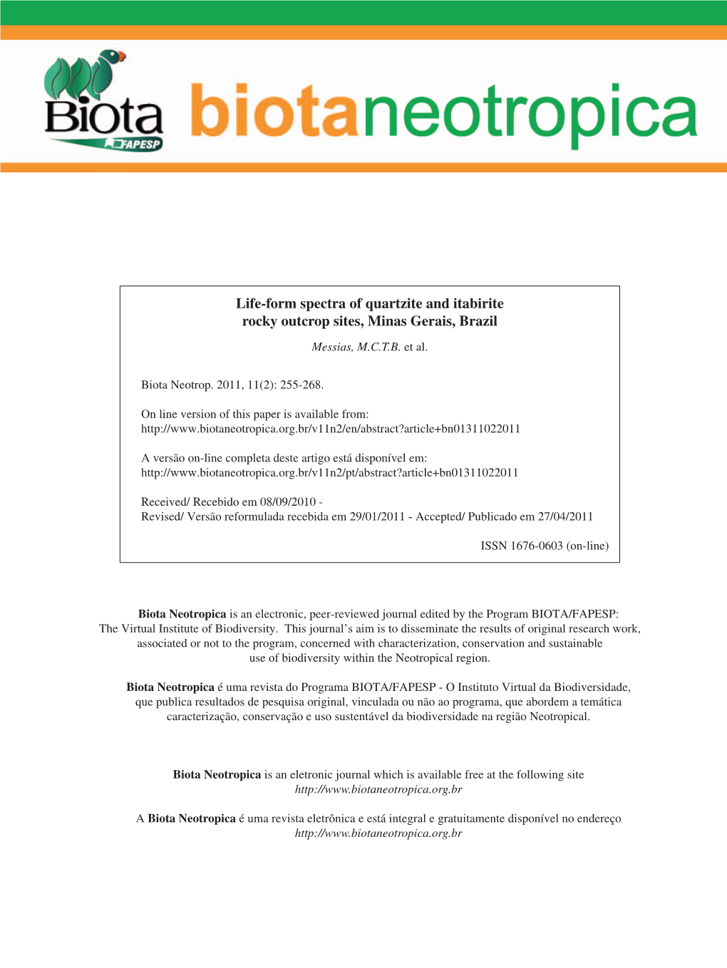 Life-Form Spectra of Quartzite and Itabirite Rocky Outcrop Sites, Minas Gerais, Brazil