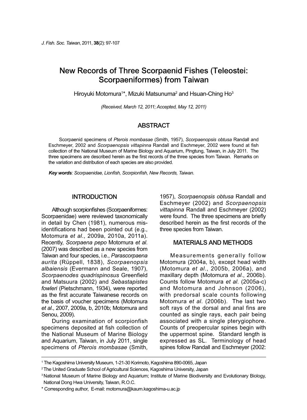 New Records of Three Scorpaenid Fishes (Teleostei: Scorpaeniformes) from Taiwan