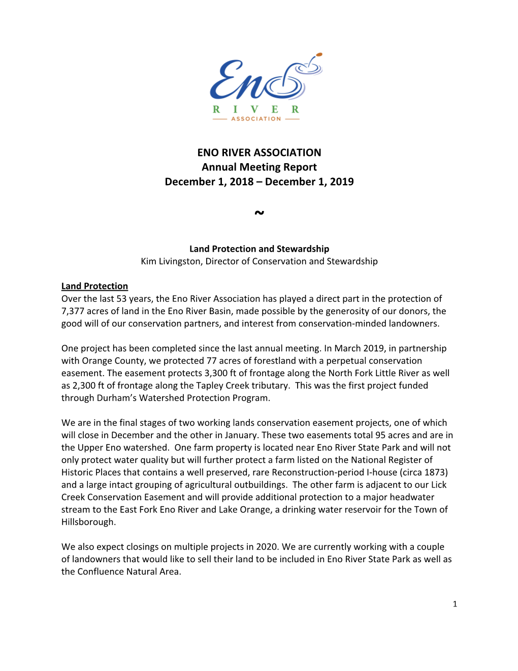 ENO RIVER ASSOCIATION Annual Meeting Report December 1, 2018 – December 1, 2019