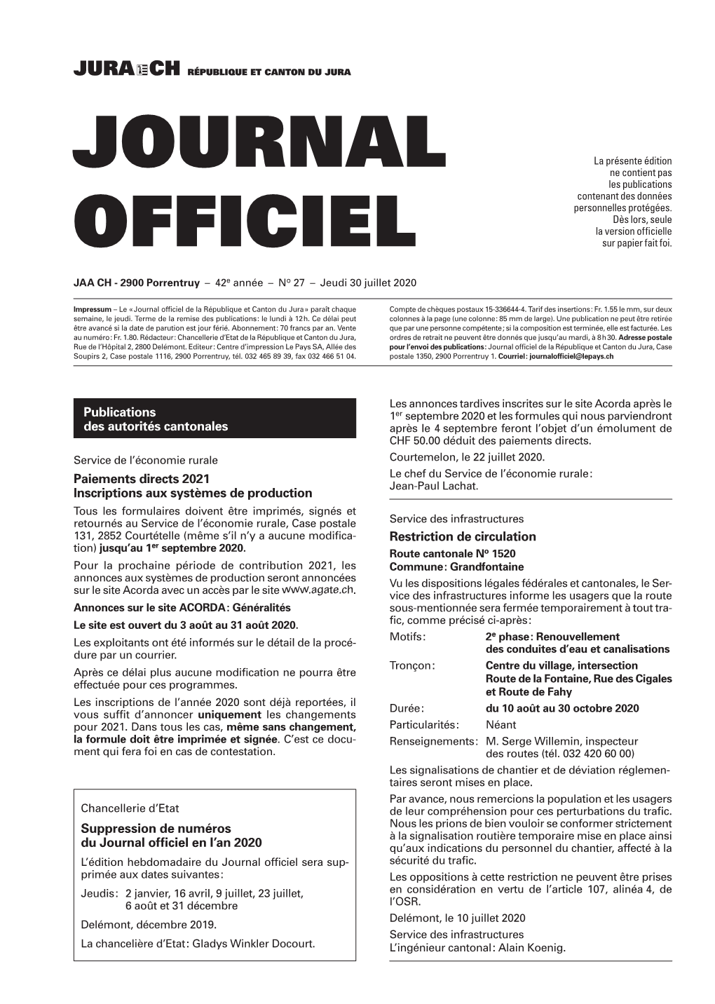 Journal Officiel No 27 Du 30.07.2020