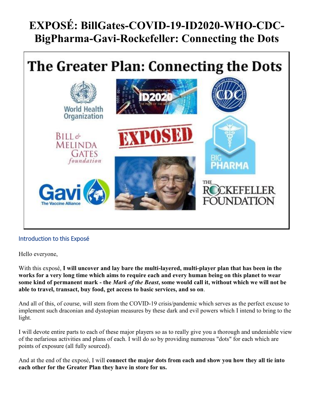 EXPOSÉ: Billgates-COVID-19-ID2020-WHO-CDC- Bigpharma-Gavi-Rockefeller: Connecting the Dots