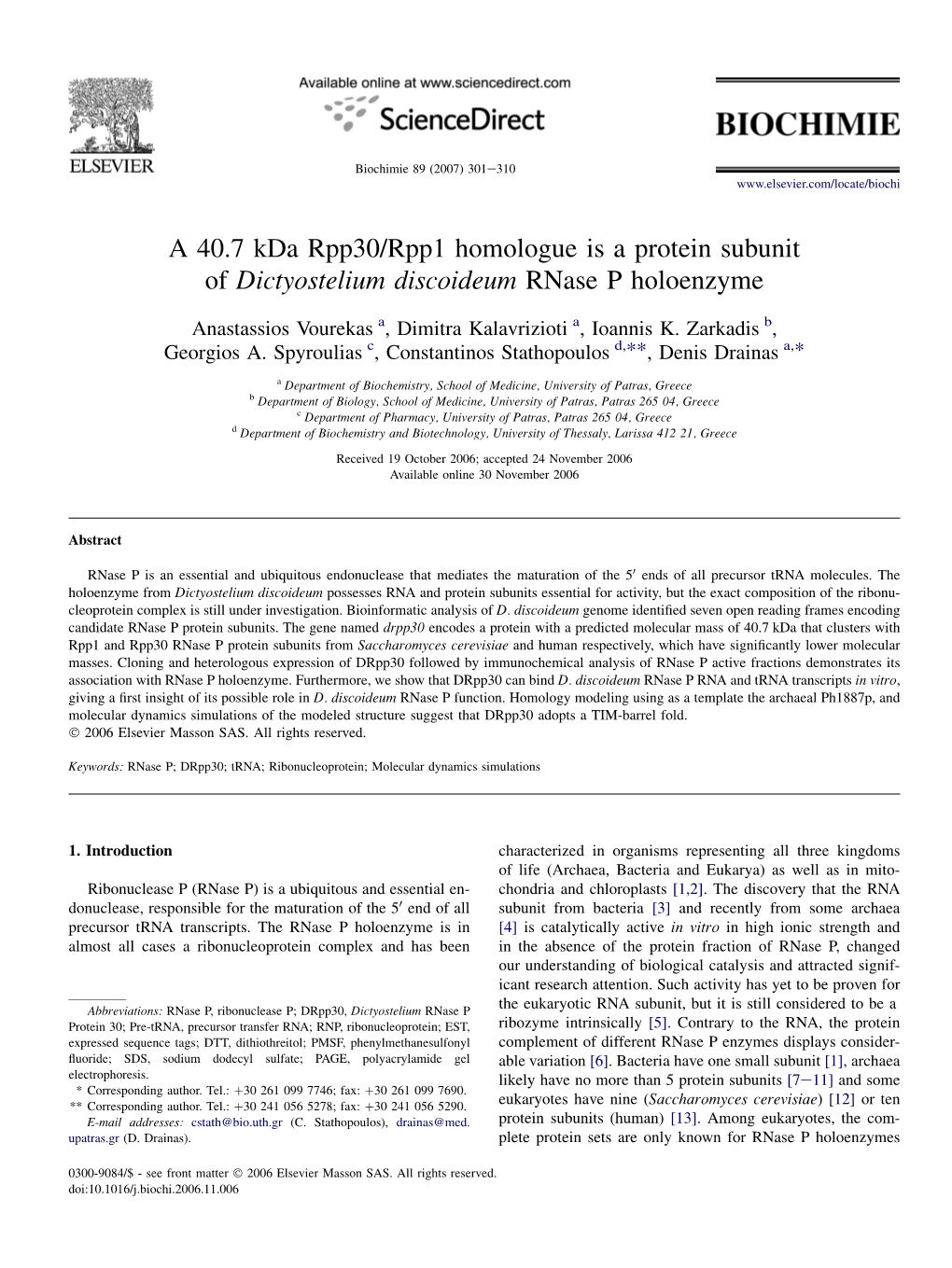 A 40.7 Kda Rpp30/Rpp1 Homologue Is a Protein Subunit of Dictyostelium Discoideum Rnase P Holoenzyme