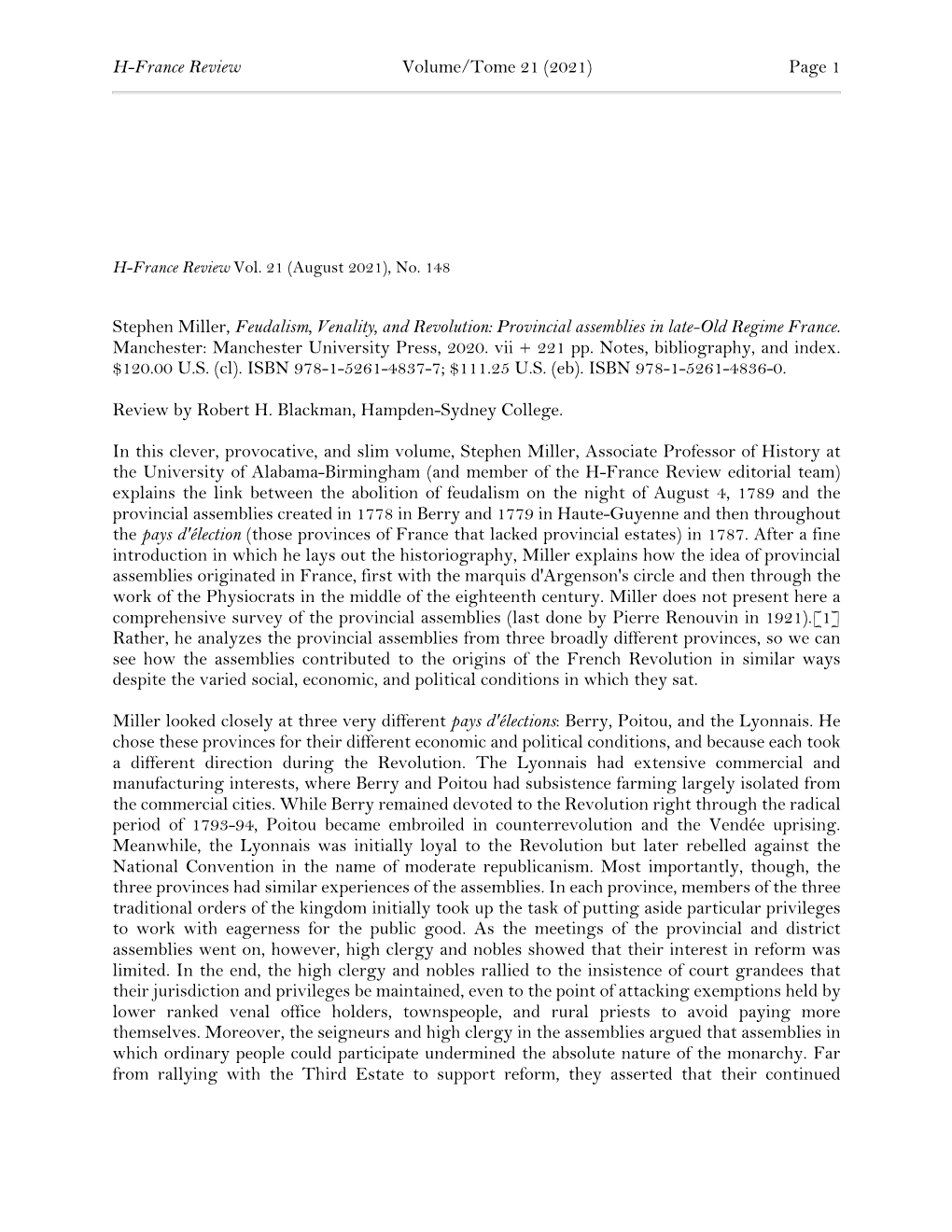 Stephen Miller, Feudalism, Venality, and Revolution: Provincial Assemblies in Late-Old Regime France