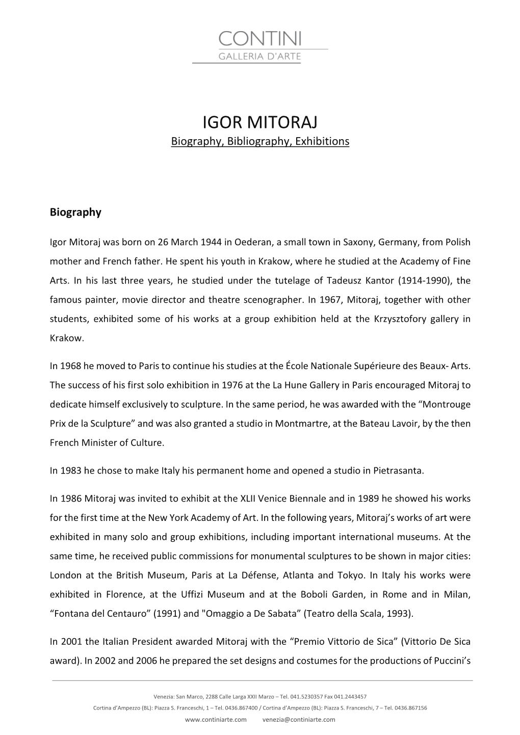 IGOR MITORAJ Biography, Bibliography, Exhibitions