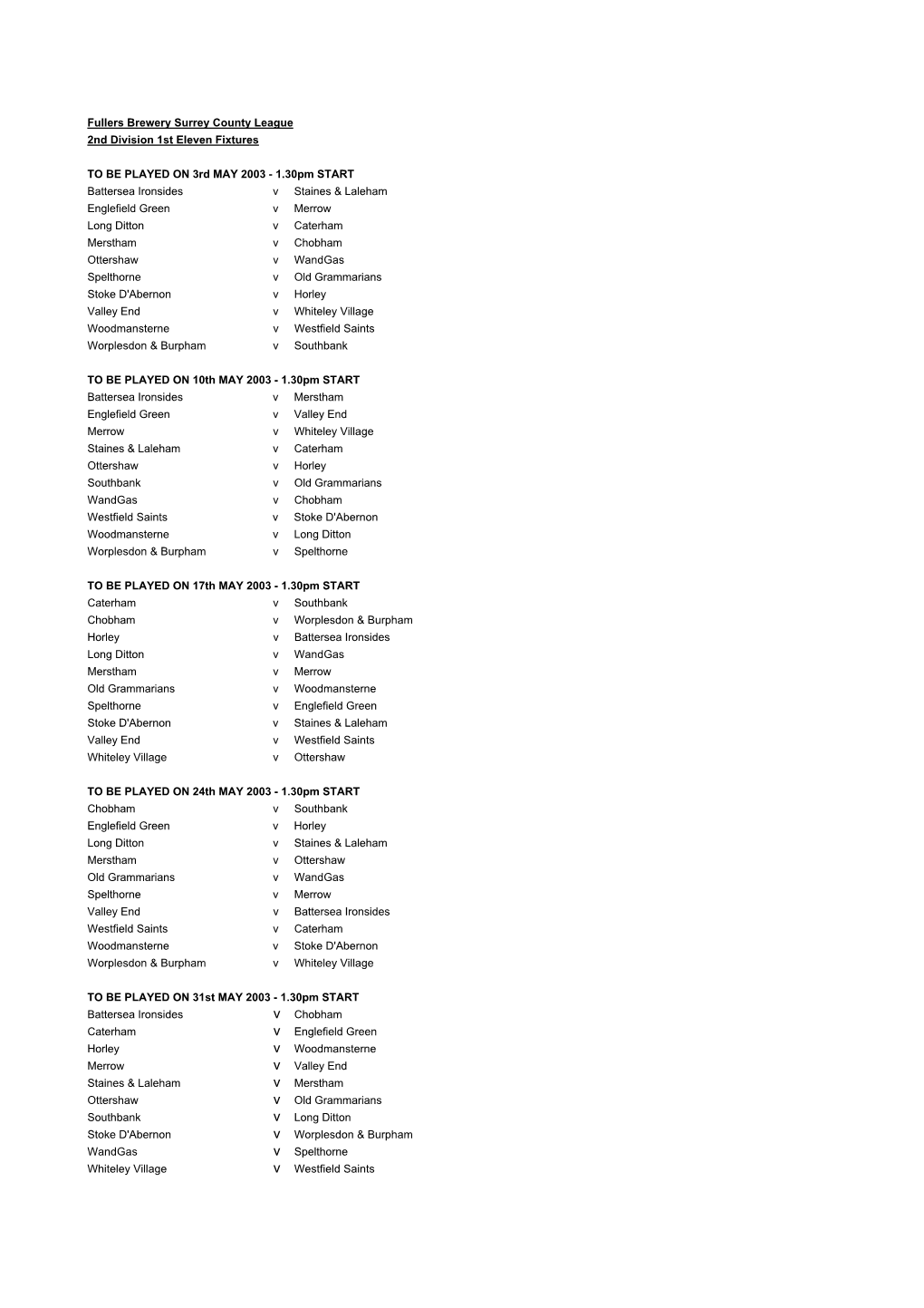 Fullers Brewery Surrey County League 2Nd Division 1St Eleven Fixtures