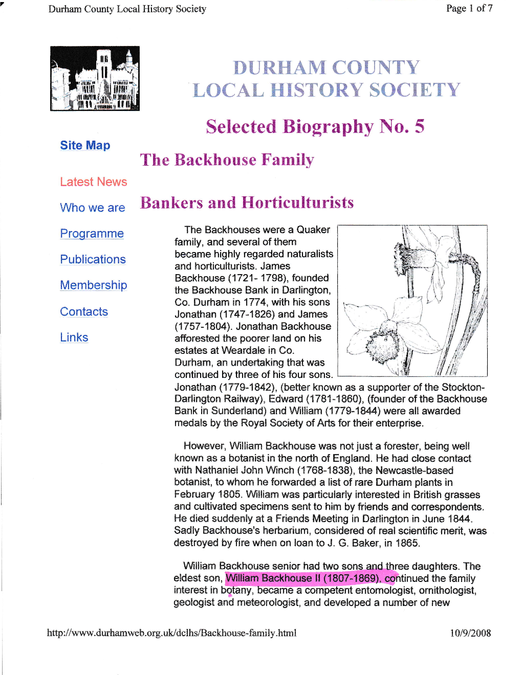 DURHAM COUNTY LOCAL HISTORY SOCIETY Selected Biography No. 5 Site Map the Backhouse Family Latest News