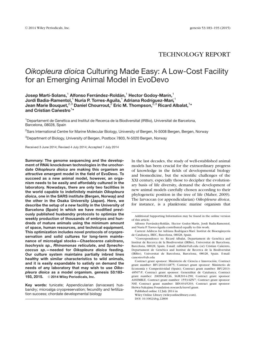 Oikopleura Dioica Culturing Made Easy: a Low-Cost Facility for an Emerging Animal Model in Evodevo