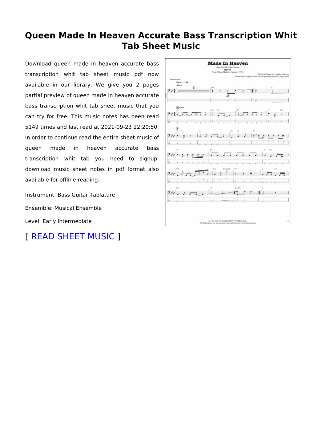 Queen Made in Heaven Accurate Bass Transcription Whit Tab Sheet Music