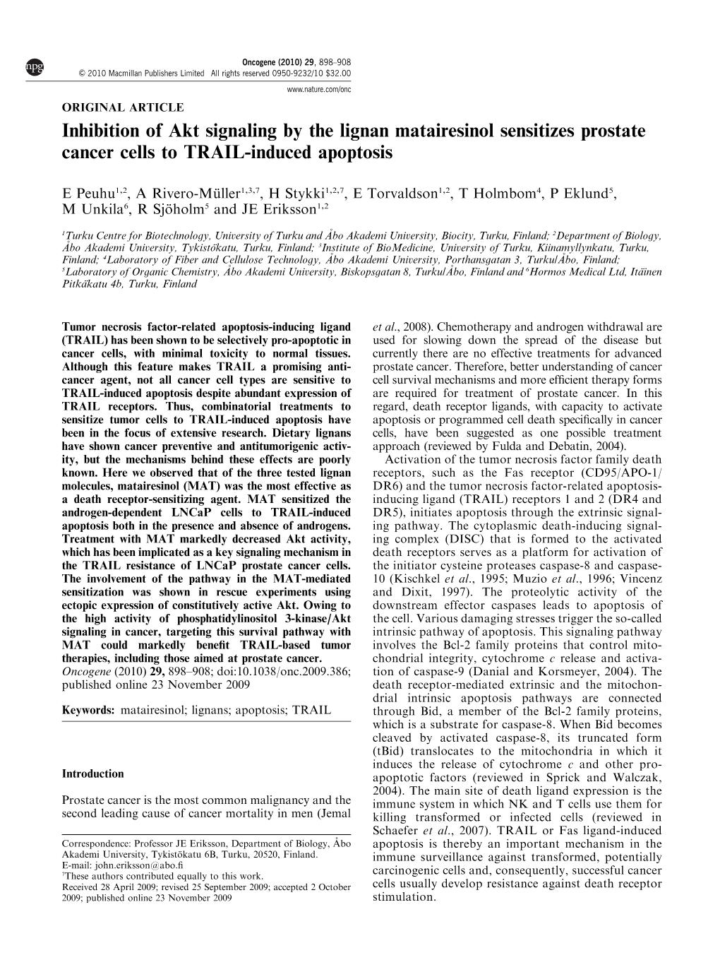 Inhibition of Akt Signaling by the Lignan Matairesinol Sensitizes Prostate Cancer Cells to TRAIL-Induced Apoptosis