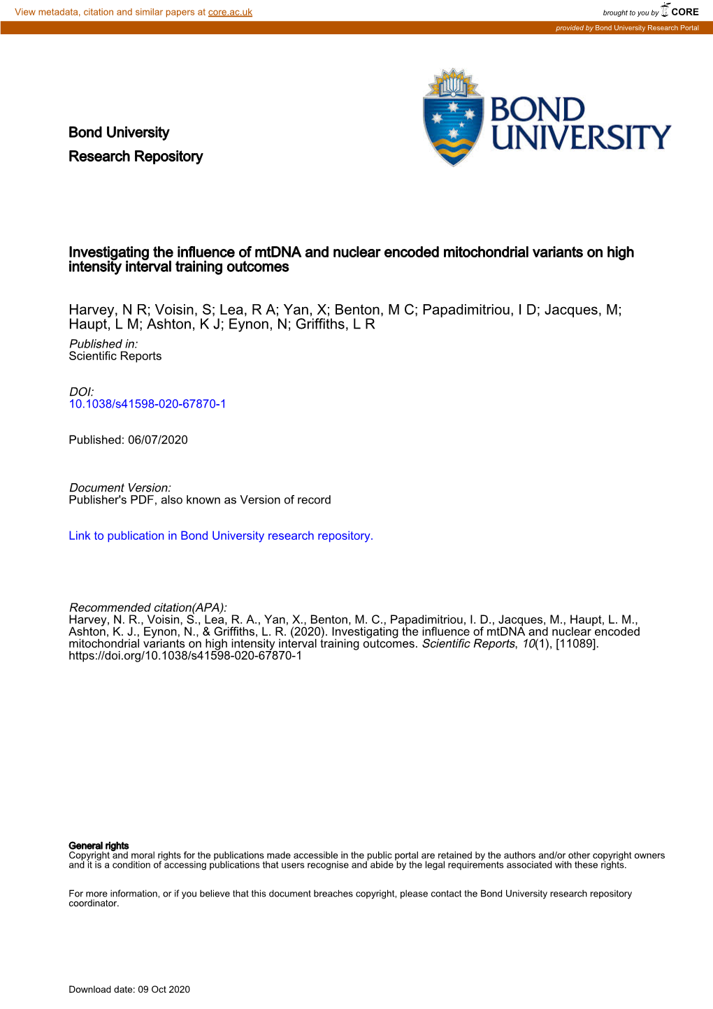 Investigating the Influence of Mtdna and Nuclear Encoded Mitochondrial Variants on High Intensity Interval Training Outcomes