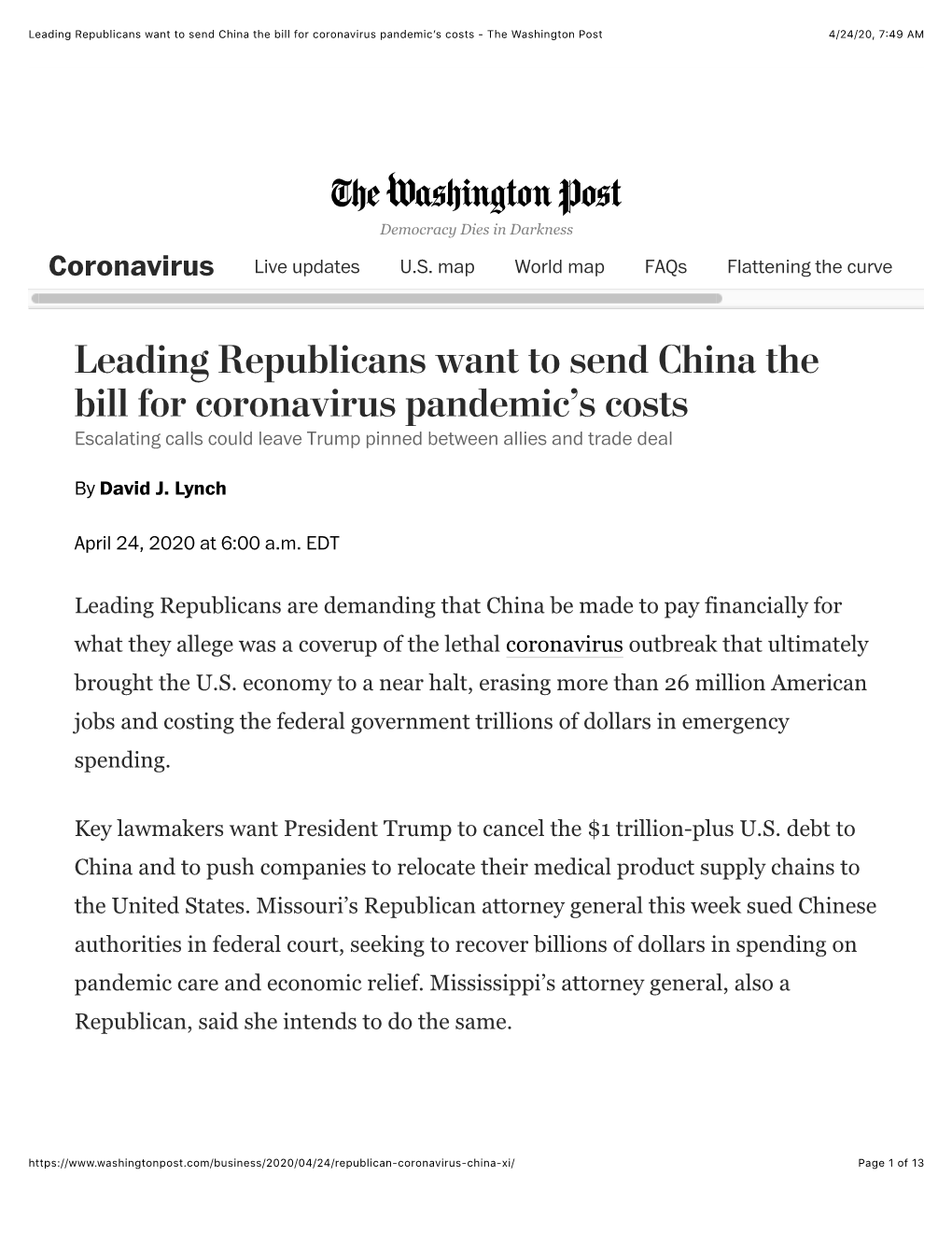 Leading Republicans Want to Send China the Bill for Coronavirus Pandemic’S Costs - the Washington Post 4/24/20, 7:49 AM