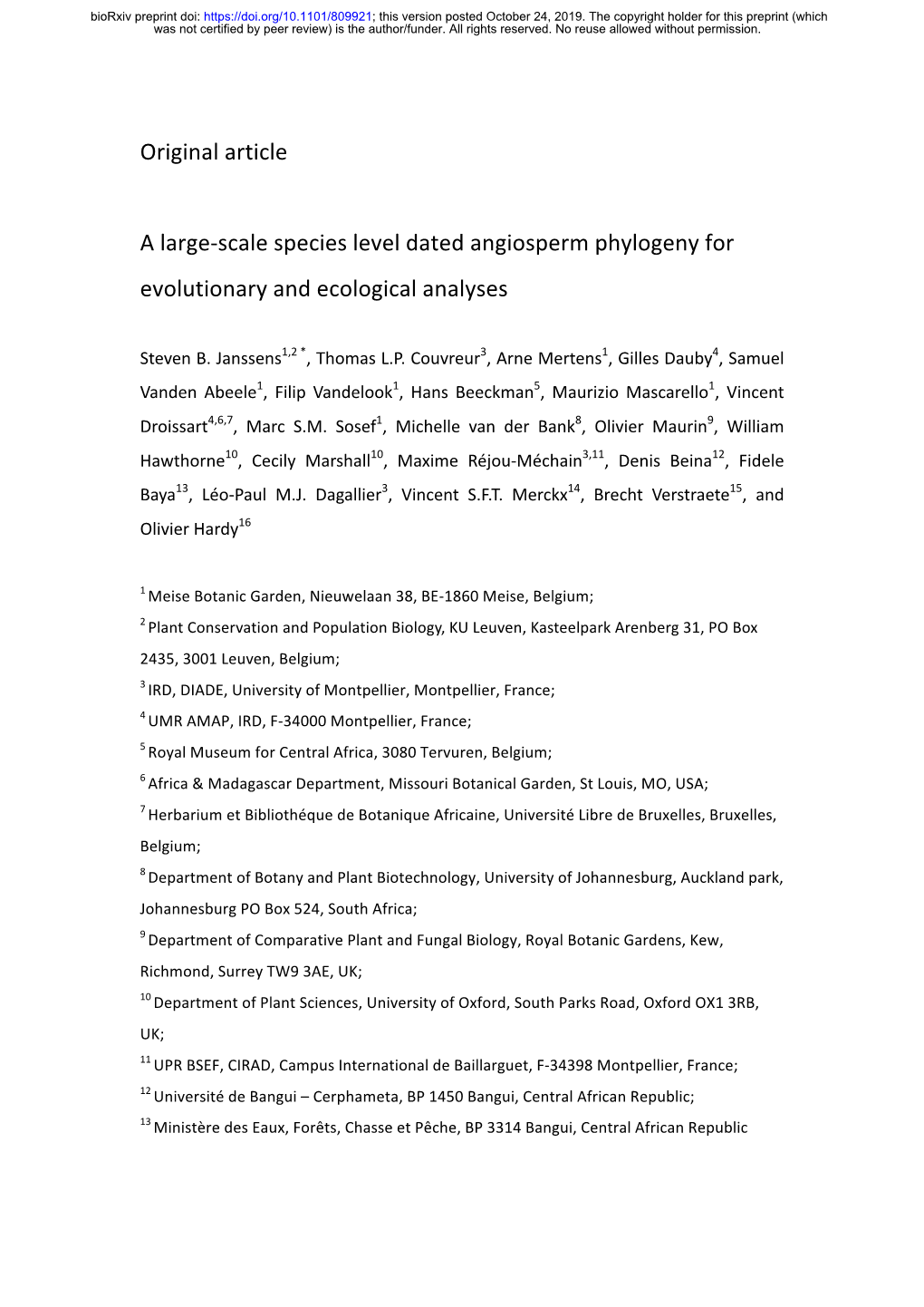 A Large-Scale Species Level Dated Angiosperm Phylogeny for Evolutionary and Ecological Analyses