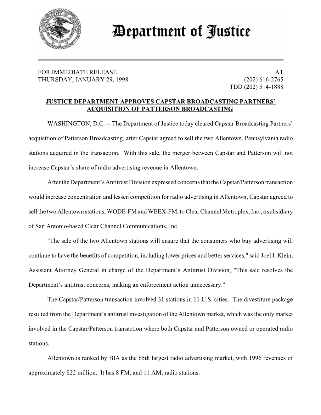 For Immediate Release at Thursday, January 29, 1998 (202) 616-2765 Tdd (202) 514-1888 Justice Department Approves Capstar Broadc