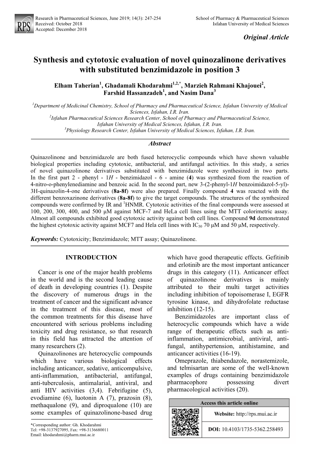 Synthesis and Cytotoxic Evaluation of Novel Quinozalinone Derivatives with Substituted Benzimidazole in Position 3